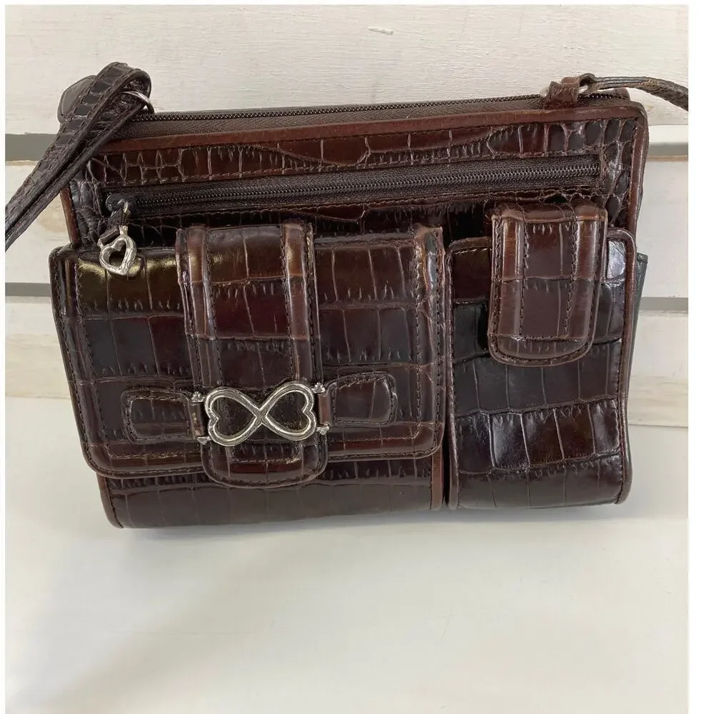 BRIGHTON SMALL BROWN ANIMAL PRINT CROSSBODY BAG WITH POCKETS